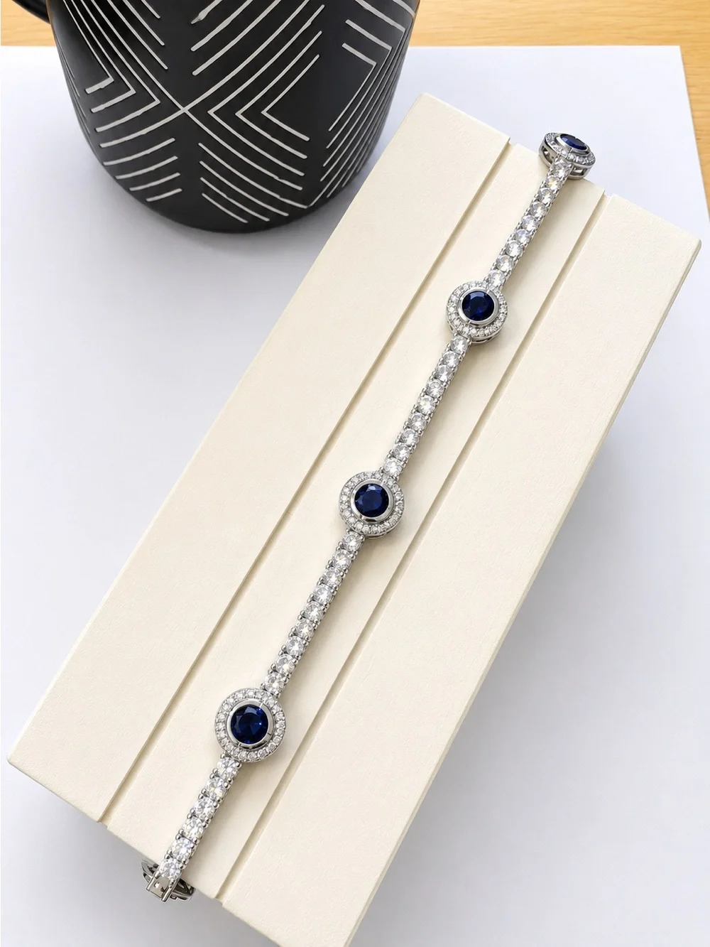 925 Sterling Silver Blue Sapphire wnd Cubic Zirconia Tennis Bracelet Size 7” - Picture 13 of 16